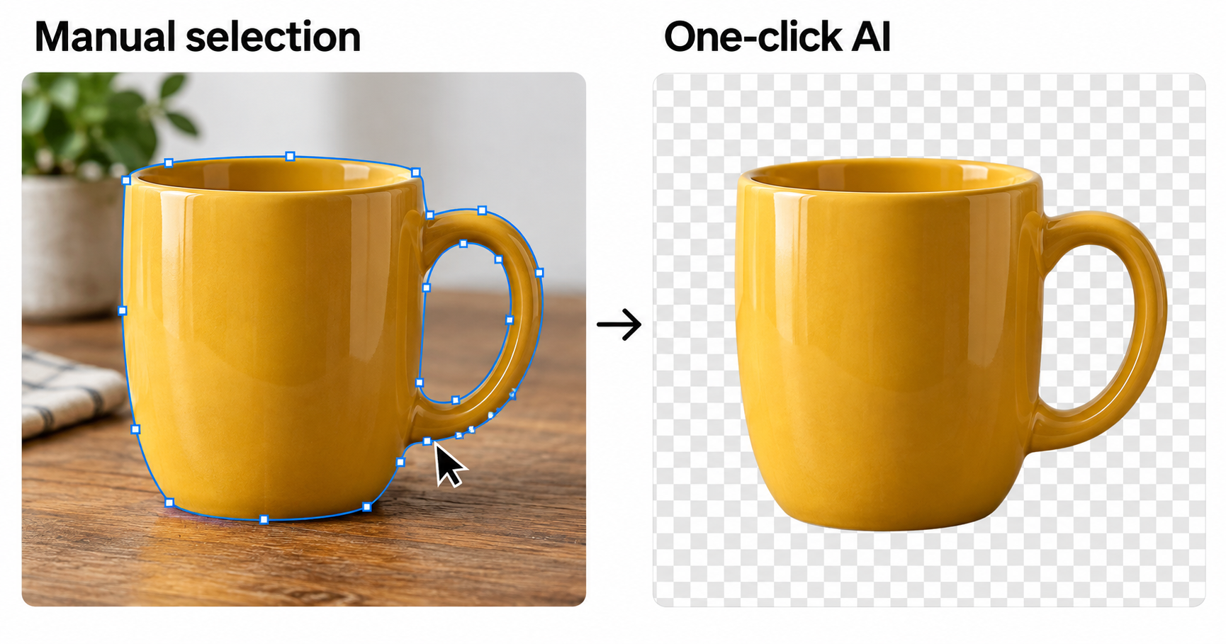 Manual selection versus one-click AI background removal