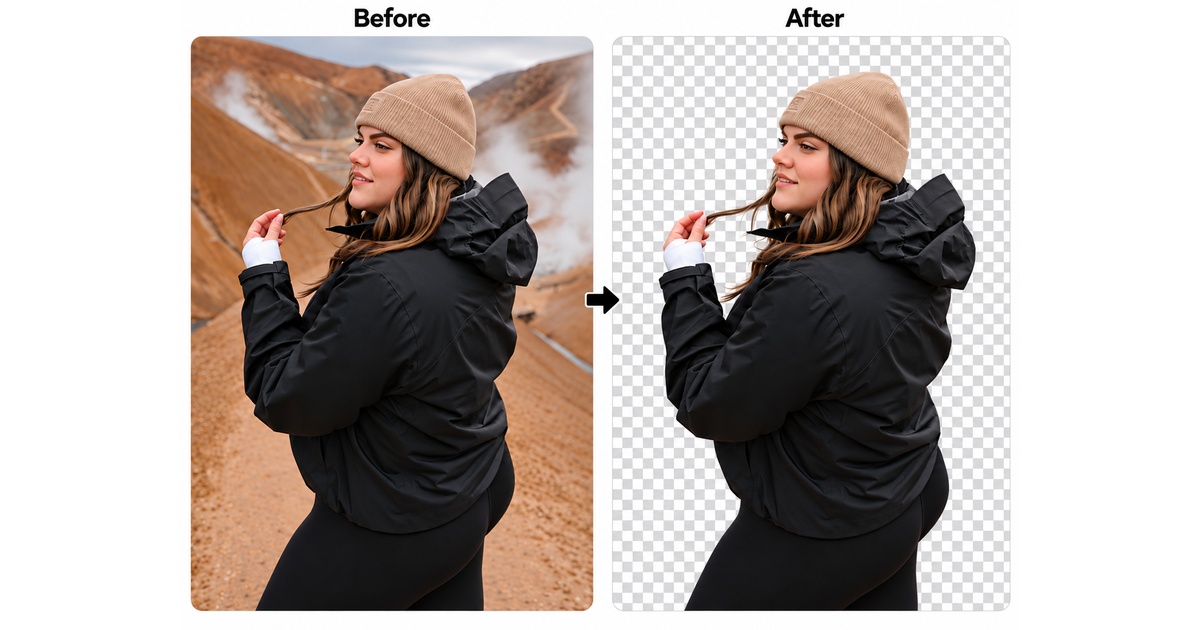 A photo with its background removed, before and after on a transparent checkerboard